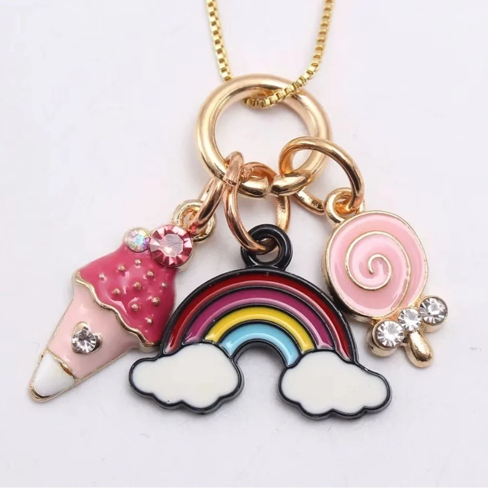 Little Ladies Kids Necklace and Earring Set - Gold and Pink Charms NEW